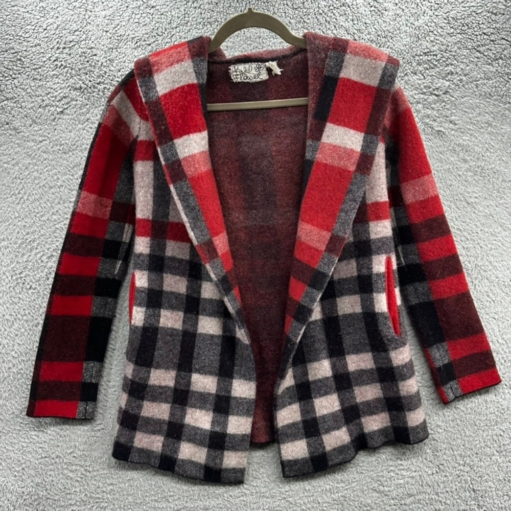 Field Flower Anthropologie S/XS Wool Hooded Plaid Cardigan Sweater Red Black